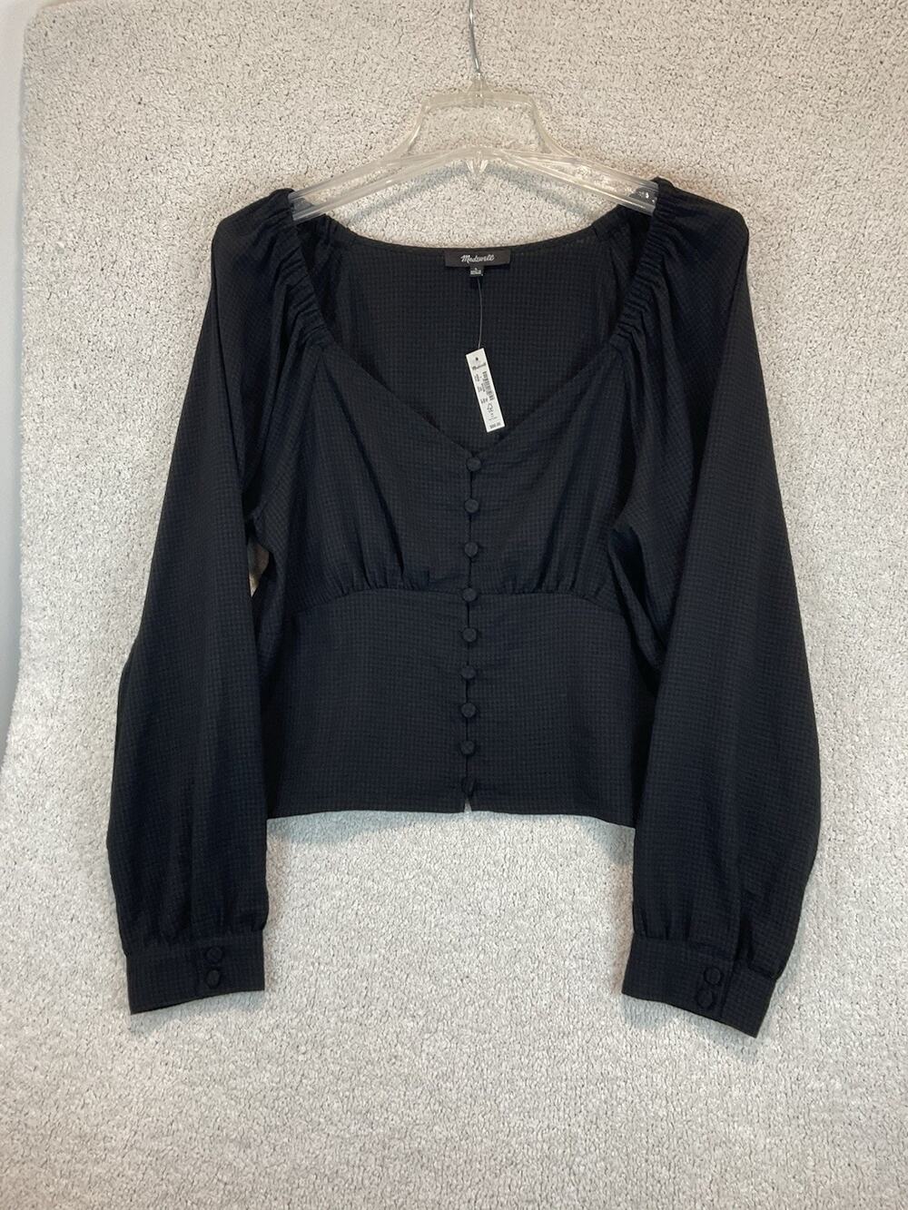 Madewell Gingham Sweetheart Button-Front Blouse Womens L Large Black NWT New